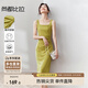 尚都比拉法式連衣裙女夏天赫本風(fēng)氣質(zhì)A字裙抽褶收腰顯瘦背帶裙 黃綠色 L