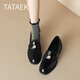 TATAEK【廠(chǎng)牌】（巨溫柔圓頭金屬印花樂(lè )福鞋女英倫小皮鞋粗跟單鞋 黑色 38