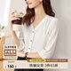 尚都比拉文藝復(fù)古設(shè)計感小眾洋氣系V領(lǐng)壓褶襯衫袖七分袖雪紡衫 白色 XL