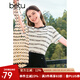 百圖betu女裝夏季新款T恤撞色圓領條紋提花透氣寬松短袖女2407T21 黑白條 L