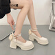 康姿蝶瑪麗珍鞋女2025春夏秋季高跟鞋法式粗跟單鞋配裙子厚底小皮鞋子女 米白色 37