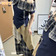 甜米寶波西米亞復古一字肩格子短袖套裝女學(xué)生夏季新款蕾絲半身裙兩件套 藏藍套裝  M 100-110斤