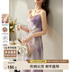 尚都比拉夏季吊帶裙女時(shí)尚抽象風(fēng)撞色印花中長(zhǎng)款吊帶連衣裙 白底粉花 L
