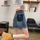 AEMAPE高腰牛仔短裙女夏季2025年新款a字半身裙小個子顯瘦辣妹包臀裙子 復(fù)古藍(lán) M 建議95-108