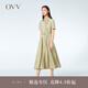 OVV2023春夏新款女裝抽褶收腰襯衫式版型休閑A字傘裙短袖連衣裙 卡其綠（凈色）07 XS