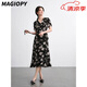 MAGIOPY國際奢侈品牌女裝連衣裙女夏季新款高端氣質魚尾碎花設計長款裙子 黑色 L