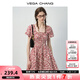 VEGA CHANG碎花連衣裙女2025新款夏季法式方領(lǐng)泡泡袖收腰甜美短裙 紅鳶色 M