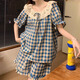 栢啟歆睡衣女夏季甜美ins格子蕾絲花邊圓領(lǐng)短袖短褲家居服兩件套可外穿 藍格花朵短袖套裝 M 【建議100-110斤】
