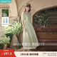 茵曼（INMAN）法式薄荷曼波連衣裙2024夏女裝新品V領(lǐng)燈籠袖抽繩 水沫綠 XL