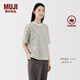 無(wú)印良品（MUJI）女式 條紋 圓領(lǐng)短袖T恤 上衣打底衫女款內(nèi)搭女裝女士 煙熏綠色條紋 M (160/84A)