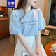 羅蒙（ROMON）泡泡袖寬松短袖t恤女裝夏裝2025年新款上衣設(shè)計感小眾洋氣百搭潮 藍色 L -100-115斤左右