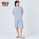 無印良品（MUJI）男式 涼感雙層紗織短袖睡衣套裝 男士家居服涼感物語25年夏季 藏青色豎條紋 L -XL上裝180/104A下裝180/92A