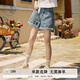 紫涵（ZIHAN）紫涵刺繡復古牛仔短褲女夏季新款高腰寬松顯瘦闊腿卷邊五分褲 淺牛仔藍 S