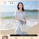 三彩若潮大碼女裝2025夏新款條紋花邊開衫半裙兩件套裝小清新胖MM 天空藍條紋 L 165/92B