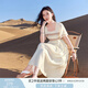 香影民族風度假連衣裙女2025夏季新款荷葉袖彩條刺繡高腰方領(lǐng)裙子 米色 L