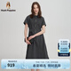 Hush Puppies【輕盈無(wú)壓】暇步士女裝2025夏季休閑收腰半袖連衣裙 玄青藍(lán) L