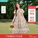茵曼萊賽爾甜美碎花V領(lǐng)連衣裙2025夏季女裝寬松短袖裙子 水墨紅花  S