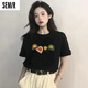 森馬（Semir）杏色正肩短袖t恤女寬松2025夏季新款韓版純棉時(shí)尚洋氣百搭體恤潮 黑色【四個(gè)帽子】 M