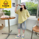 G.DUCKKIDS女童夏季短袖套裝2025新款中大童學(xué)生洋氣女孩牛仔中褲休閑套裝 綠色[背后卡通人T恤]+牛仔短褲 120 建議身高110-120cm