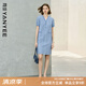 顏域格子V領(lǐng)直筒連衣裙女2025夏季新款短袖氣質(zhì)輕熟風(fēng)中長款裙子 藍(lán)格 2XL