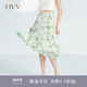 OVV2023春夏新款女裝飄逸靈動(dòng)植物印花真絲順紆縐半身裙單裙 淺綠花紋03 M