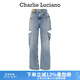 Charlie Luciano【吳宣儀同款】雙刀割褲子新款潮牌寬松休閑CL長褲潮流國潮休閑褲 藍色 34