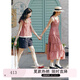 紫涵（ZIHAN）紫涵打攬收腰吊帶連衣裙女2025夏季新款法式甜美花邊拼接a字長(zhǎng)裙 米底紅格 L