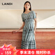 藍地（LANDI）波西米亞風(fēng)印花復(fù)古連衣裙女短袖收腰中長裙夏新品 葉綠色 M