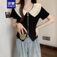 羅蒙（ROMON）法式短袖T恤女2025夏季新款胖遮肉顯瘦不規則短款黑色上衣t恤 黑色 2XL -125-135斤