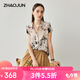 兆君2025春夏桑蠶絲新款藝術印花襯衫女短袖寬松襯衣真絲雙縐上衣 黑花 XL