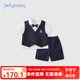 JELLYBABY男童學院風套裝夏款兒童痞帥夏裝薄小男孩時髦衣服寶寶夏季三件套 寶藍 80 CM