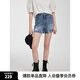 ELLE【安心品質(zhì)】摩登拼接格紋牛仔短褲女2025夏季新款破洞毛邊褲子 牛仔藍(lán) L