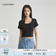 Calvin Klein Jeans夏季女士簡約ck字母壓印袖口辣妹短款重磅短袖T恤J221677 BEH-太空黑 M