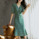 clotho Rennie品牌女裝碎花連衣裙女2025夏季新款法式優(yōu)雅V領(lǐng)修身顯瘦荷葉裙子 綠色 L