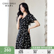 秋水伊人唯美印花茶歇風連衣裙2025年夏季新款女V領泡泡袖中長裙 黑色 XL