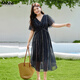 MsShe【波嬉風(fēng)印花雪紡連衣裙】大碼女裝2025夏季胖mmV領(lǐng)高端裙子 藏青藍(lán)色現(xiàn)貨 2XL