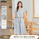 MsShe【條紋綁帶收腰連衣裙】大碼女裝2025秋裝胖mmV領(lǐng)襯衫長裙子 【印花梭織】水晶藍色25年8月20日到貨 2XL