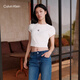 Calvin KleinJeans25春夏女士簡(jiǎn)約刺繡時(shí)尚ck辣妹正肩羅紋短袖T恤47AB212 101-象牙白 XS