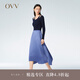 OVV2023春夏新款女裝優(yōu)雅浪漫針?biāo)笃唇蛹賰杉L(zhǎng)袖針織連衣裙 藏青鑲拼11 M