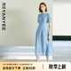 顏域鏤空蕾絲連衣裙女2025夏季新款輕熟風(fēng)高腰收腰修身過(guò)膝短袖裙 淺藍(lán) L