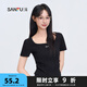 三福短T恤2025夏季小標(biāo)裝飾褶皺收腰時尚上衣女裝495686 黑色 L