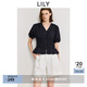 LILY2025夏新款女裝法式浪漫V領(lǐng)收腰休閑百搭通勤泡泡袖短袖襯衫 411藏青 XL