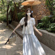 夏蓓朵甜美學(xué)院風(fēng)蕾絲衫花邊半身裙套裝女多巴胺穿搭夏季繡花襯衫兩件套 藍色套裝 L (110-120斤)