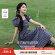 茵曼（INMAN）章若楠同款法式方領(lǐng)格紋連衣裙2025夏季新品女裝泡泡袖裙子 藏青 M