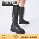 Semir官方正品時裝靴女靴春秋季新款潮流休閑高幫系帶機(jī)車靴長筒靴女 黑色 39