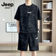 吉普（JEEP）夏季新款冰絲套裝男短袖T恤搭配休閑運動(dòng)五分短褲時(shí)尚一整套衣服 921黑色 (上衣+短褲) XL 140-160斤