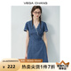 VEGA CHANG牛仔連衣裙女2025新款夏季小個(gè)子V領(lǐng)蕾絲花邊顯瘦度假風(fēng)收腰短裙 海灣藍(lán)(短款) XL