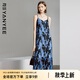 顏域復(fù)古藍(lán)色連衣裙女裝2024新款夏裝裙子女中長款印花V領(lǐng)吊帶裙 藍(lán)花 L
