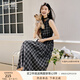 香影黑色格子無袖連衣裙女2025秋季新款復(fù)古法式中長款收腰a字裙 黑色 S 55/80A/85-95斤