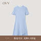 OVV2023春夏新款女裝彈力修身A型傘裝不對稱短袖U領(lǐng)針織裙 藍灰鑲拼09 M